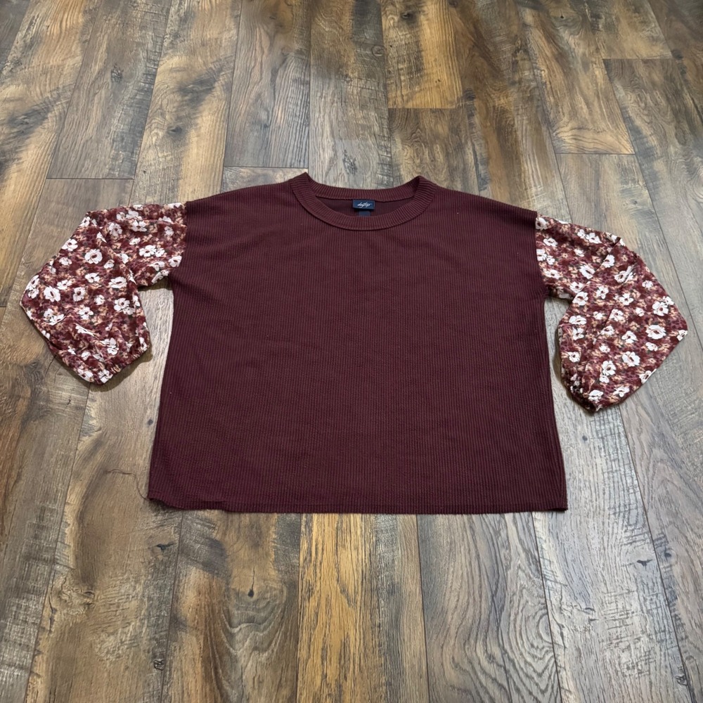 Daytrip Burgundy Waffle Knit Floral Balloon Sleeve Top Medium Cottagecore Boho